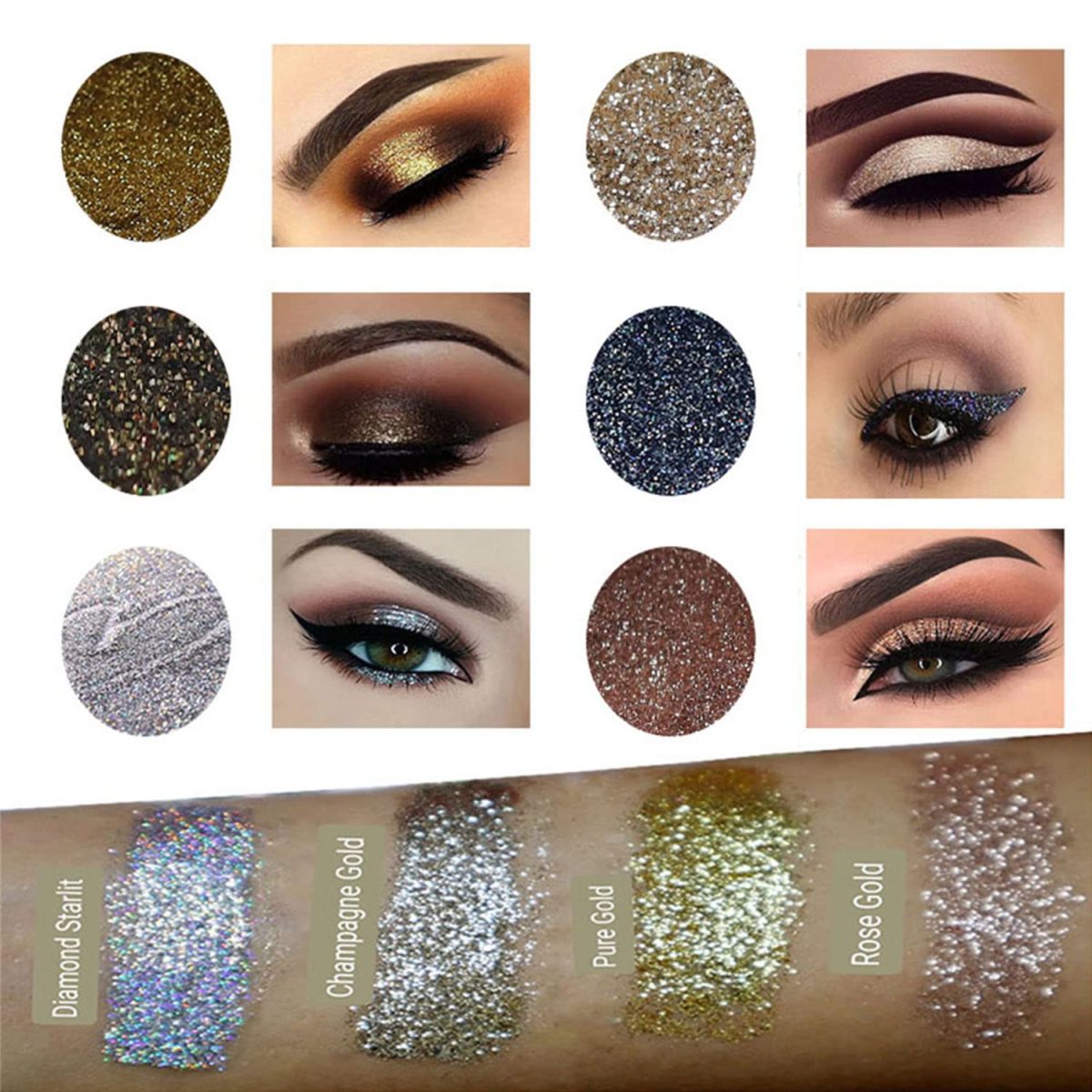 Loose, Highly Pigmented Holographic Glitter HD Eye Pigment - Long Lasting, Easy to Blend. Metallic Glitter Set of 6 - Light Shade - Image 4