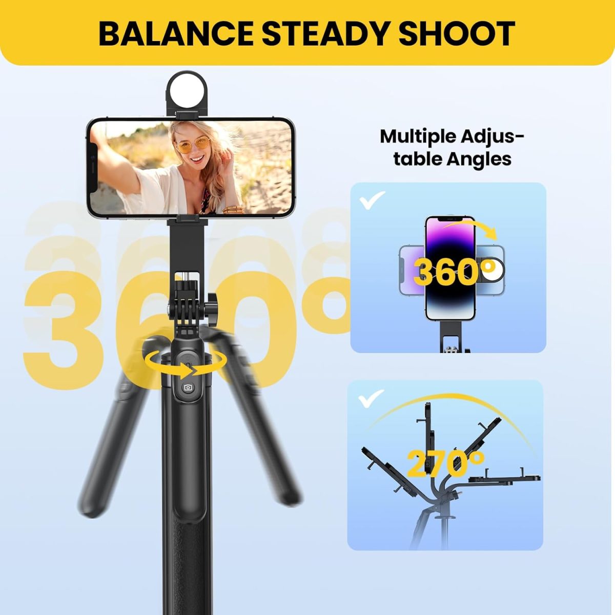 KINGONE Long Selfie Stick with Tripod Stand Aluminum 71inch/180cm, 360° Degree Rotation Selfie Stick Tripod for Phone, Rechargeable Remote & LED Fill Light, 1/4" Screw for Camera Gopro for Vlogging - Image 2