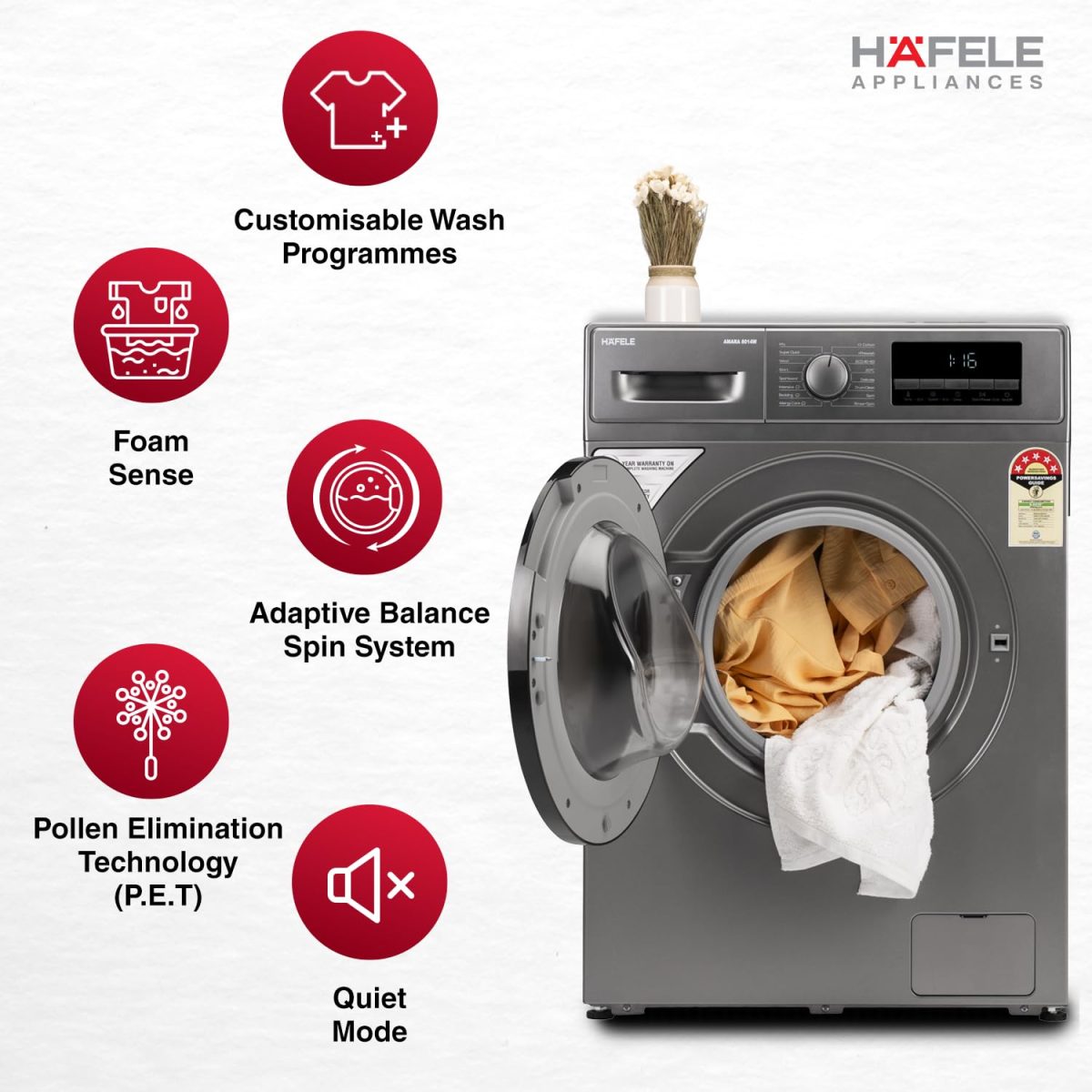 HAFELE AMARA 8 kg 5 Star, Premium Fully Automatic Front-Load washing machine engineered using German technology, comes with Steam Shield and Hexa Wash Design - Image 4
