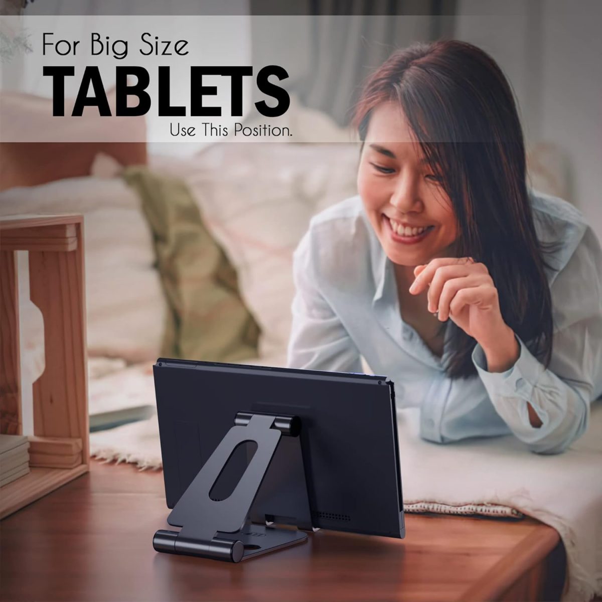 ELV Aluminum Adjustable Mobile Phone Foldable Holder Tabletop Stand, Dock Mount for All Smartphones, Tabs, Kindle, iPad (Black) - Image 4