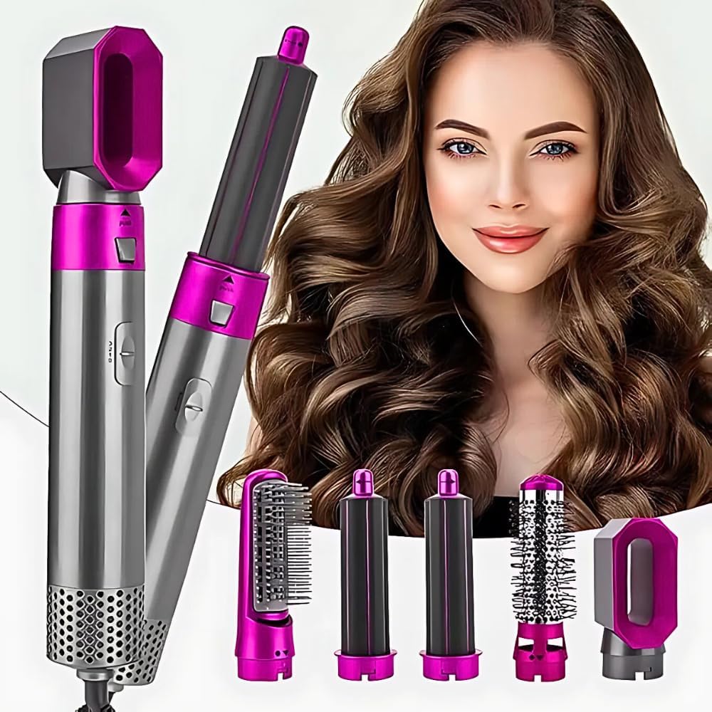 5 in 1 Hot Air Brush Hair Dryer & Volumizer, 1000W Multifunctional Hair Styler Tool for Women | Detachable Blow Dryer Brush, Hair Straightener, Curler, Crimper, Auto-Wrap Rotating Comb, Negative Ion Frizz-Free Technology | Professional Salon-Quality Fast Drying, 3 Heat Settings, Lightweight Portable Design, Suitable for All Types Styling & Scalp Massager