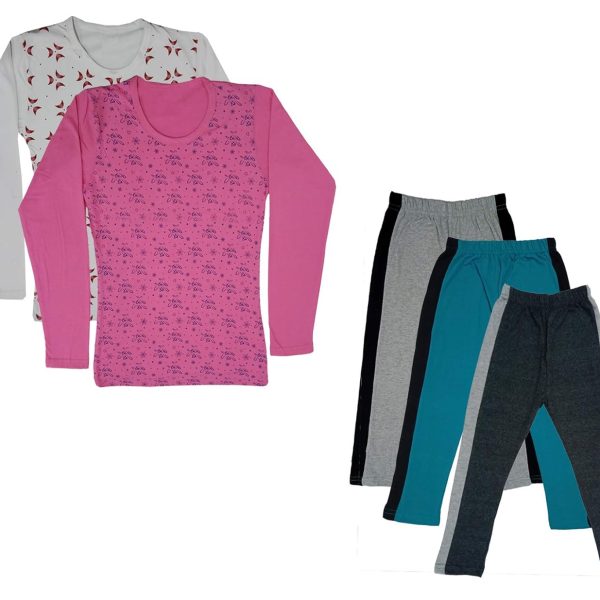 IndiWeaves Girls Cotton Full Sleeve Printed T-Shirts and Cotton Capri 3/4 Pants (Grey,Green,Dark Grey,White,Pink,8-9 Years) Pack of 5