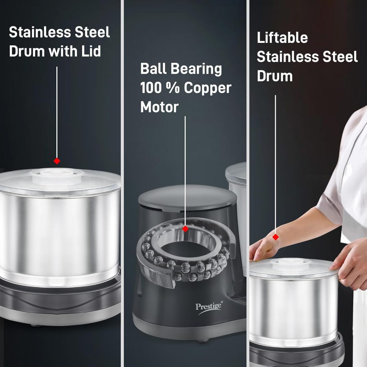 Prestige Ultima Pro 2 Litre Table Top Wet Grinder |200 Watts Heavy Duty Motor|Coconut Scraper Attachment|Atta Kneader Attachment|Stainless Steel Drum|2 Years Warranty|Grey & Black - Image 3