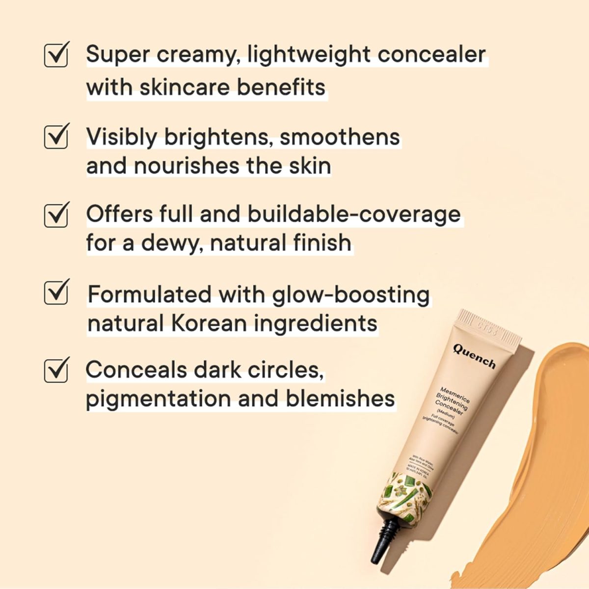 QUENCH BOTANICS Brightening Natural Cream Concealer With Rice Water & Aloe Vera | For All Skin Types Conceals Dark Circles & Brightens Under Eyes | Made In Korea (Medium), 10Ml - Image 4