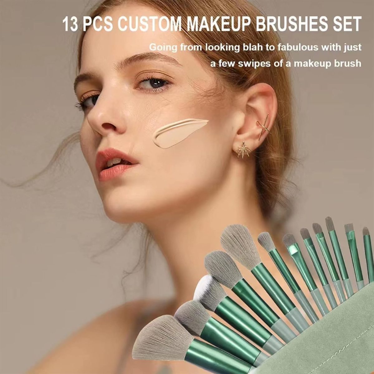 lizepto 13 Pcs Makeup Brushes Set with Bag – Foundation, Concealer, Powder, Blush, Highlighter, Eyeshadow & Eyebrow Brushes – Travel Makeup Kit for Beginners & Makeup Artists (Green) - Image 4