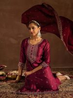 INDO ERA Women's Embroidered Silk Blend Calf Length Straight Kurta Pant And Dupatta Set (KH9MR6194) - Image 2