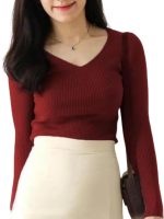 Stylish Ribbed V-Neck Full Sleeve Top for Women – Trendy Western Tops, Casual Office Wear T-Shirt Tops for Girls and Woman