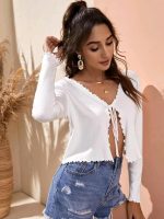 Women’s Cropped Tie-Front Shrug Cardigan | Soft Ribbed Knit Long Sleeve V-Neck Top | Stylish Summer Cardigan, Casual Beach & Vacation Wear | Shrug for Woman - Image 3