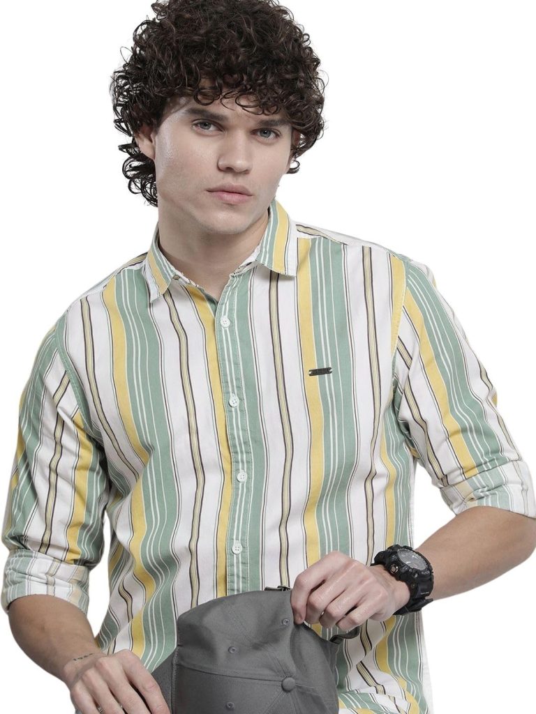 The Indian Garage Co Men's Cotton Regular Fit Striped Full Sleeves Cutaway Collar Casual Shirt