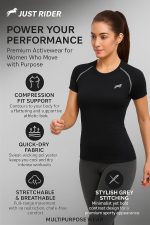 JUST RIDER Women's Compression Fit Sports T-Shirt – Black Fitness Wear, Quick-Dry Activewear Top for Gym, Yoga & Running - Image 3