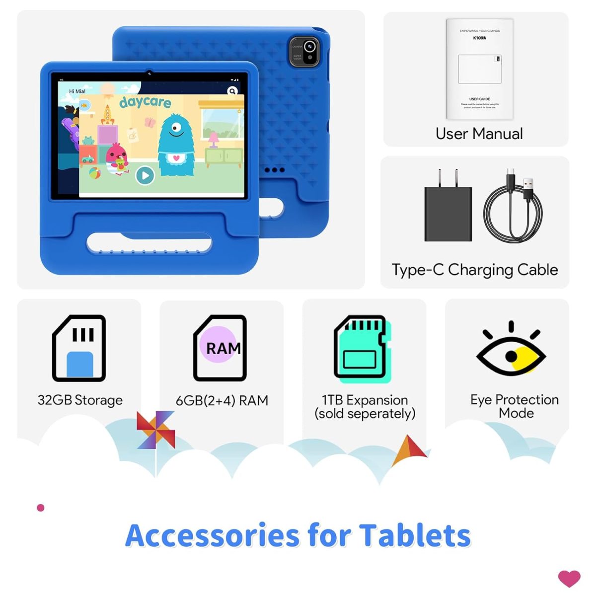 CFVOCUY 2025 Kids Tablet, 10.1" Children's Tablet with Case, Quad-Core, 2+32GB Storage (1TB Expand), Pre-Installed Educational Apps and Parental Control, WiFi, for Ages 4-14, Eye Protection Mode - Image 8