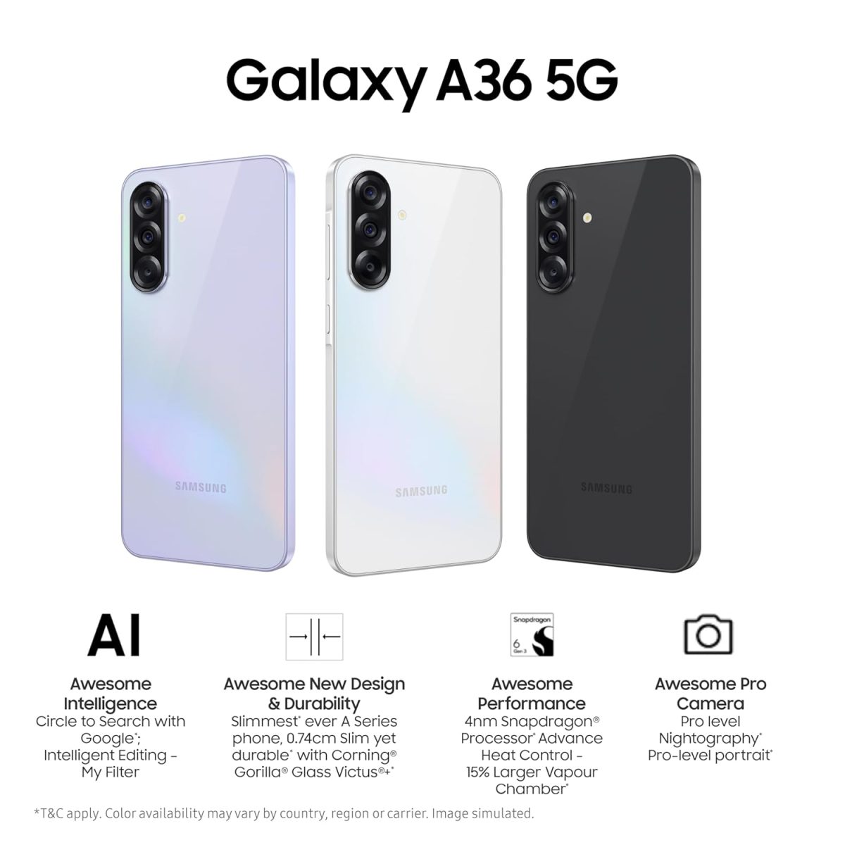 Samsung Galaxy A36 5G (Awesome Black, 12GB, 256GB) | Gemini Live | Awesome Intelligence (AI): Circle to Search, My Filter, Object Eraser | 4nm Snapdragon Processor | Flagship Grade Camera - Image 2