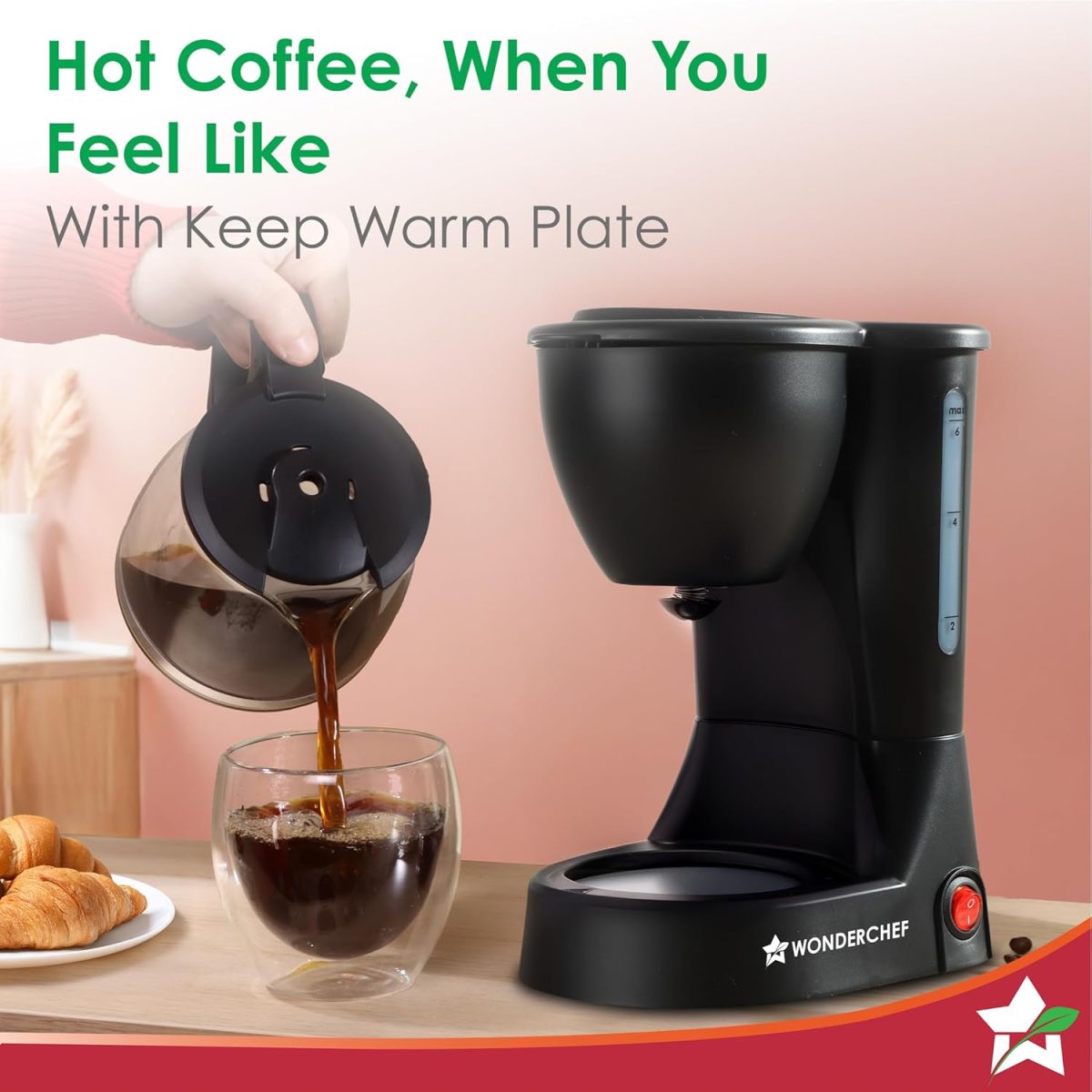 Wonderchef Swift Brew Coffee Machine for Home | 650W | Brew 6 Cups at a Time | Anti-Drip System | Keep Warm Plate | Borosilicate Glass Carafe | Compact Design | 2-Year Warranty - Image 5