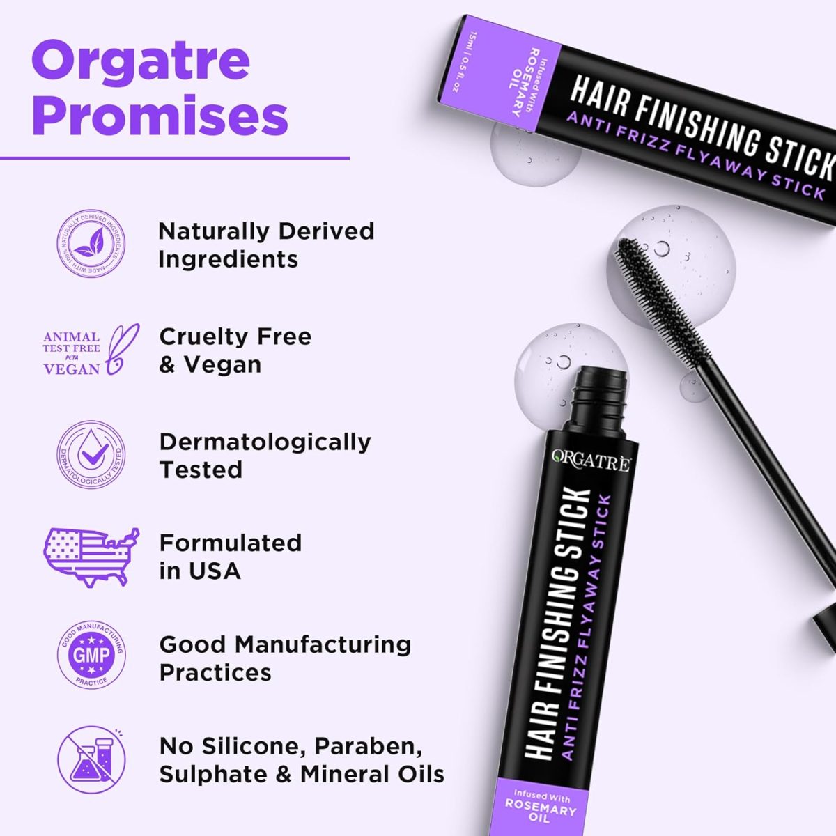 ORGATRE Frizz Free Hair Finishing Stick – Anti‑Frizz Hair Wax Wand for Flyaways, Non‑Sticky, Non‑Greasy Hold, Baby Hair Control & Edge Tamer, Rosemary Infused 15 ml - Image 5