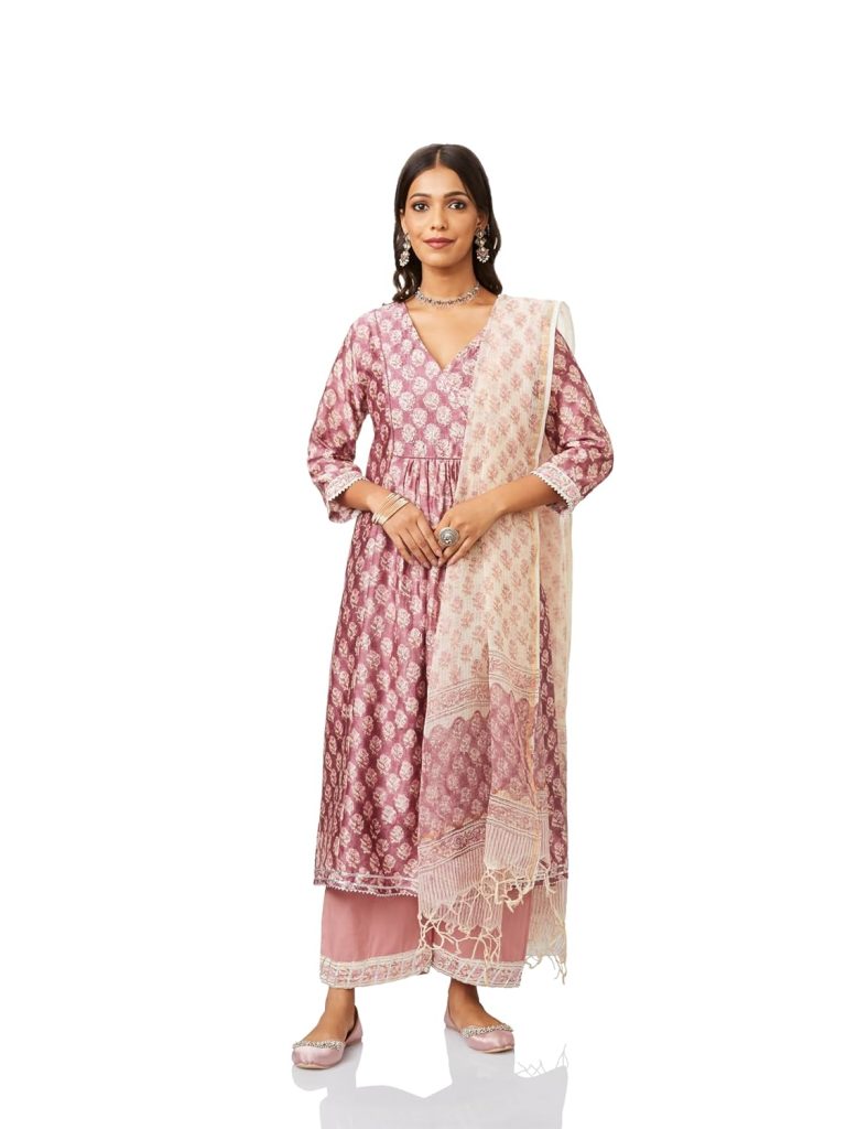 Amazon Brand - Myx Women's Silk Chanderi Handblock Printed Authentic Kurta Set with Dupatta (A-Line | Sanganeri Print)