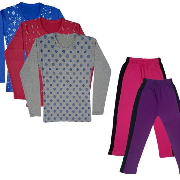 IndiWeaves Girls Cotton Full Sleeve Printed T-Shirts and Cotton Capri 3/4 Pants (Magenta,Purple,Blue,Maroon,Grey,14-15 Years) Pack of 5