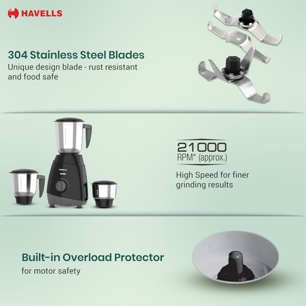 Havells Capture 500W Mixer Grinder 3 Stainless Steel Jars | 21000 RPM High-Speed Motor | Rust-Resistant 304 SS Blades | 1.5L Large Blending Jar | Overheat Protection | 1-Year Warranty (Black) - Image 5