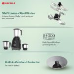 Havells Capture 500W Mixer Grinder 3 Stainless Steel Jars | 21000 RPM High-Speed Motor | Rust-Resistant 304 SS Blades | 1.5L Large Blending Jar | Overheat Protection | 1-Year Warranty (Black) - Image 5