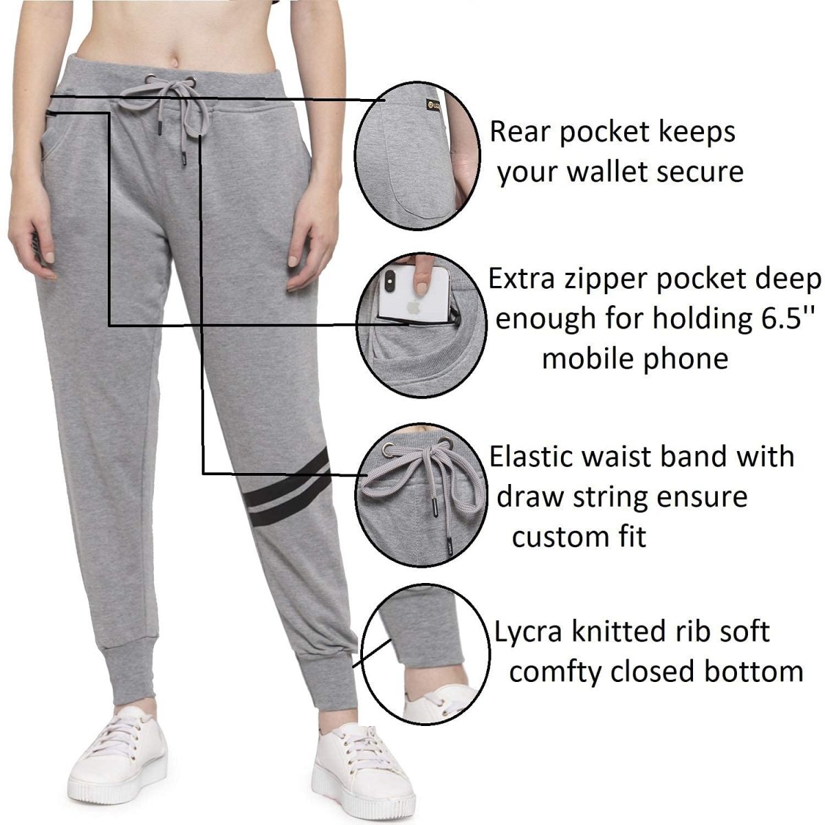 UZARUS Women's Cotton Slim Fit Joggers Track Pants with 2 Zippered Pockets - Image 2