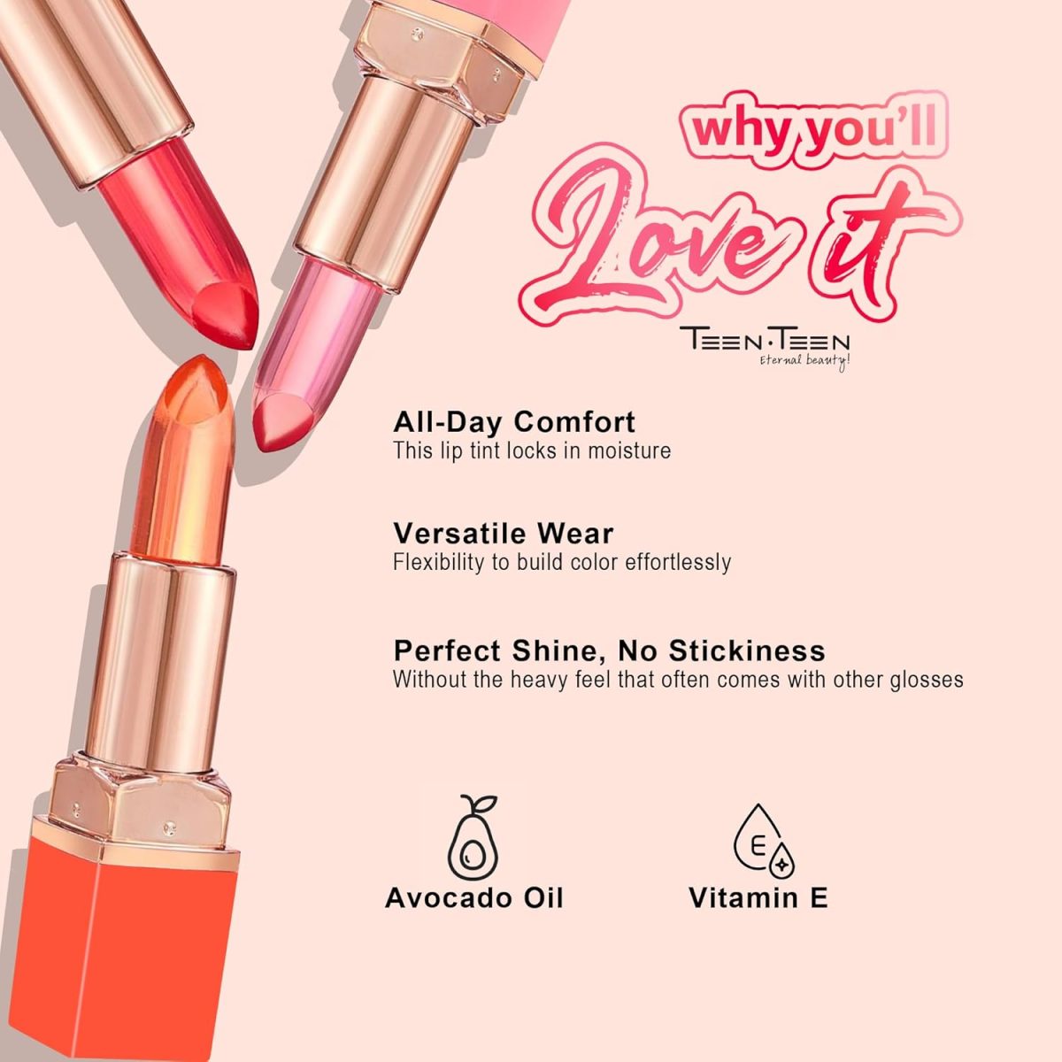TEEN TEEN Crystal Lipstick Tint Gel & Jelly Formulation | Long-Lasting, Lightweight,Glossy Finish | Hydrating, Tint Blush, Lip Tint | All-Day-Comfort, Pink, 3.5gm - Image 4