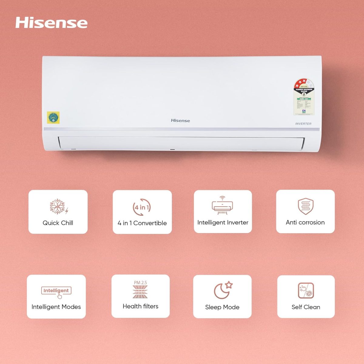 Hisense 1.0 Ton 3 star Inverter Split AC(Copper, 4-in-1 Convertible with Intelligent 4 modes, PM 2.5 filter, Anti corrosion, Self Clean, AS-12TR4R3BP1, White with Chrome Deco Strip) - Image 2