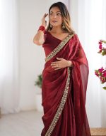 SIRIL Women's Shimmer Chiffon Lace Border Saree With Unstitched Blouse Piece - Image 5