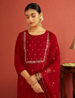 Kaari Women's Hand Embroidered Kurta Set with Dupatta - Straight Fit | Silk Blend Fabric with Dabka Work | Sequin Work Organza Dupatta | Straight Pant with Side Pocket | Kurta Set For Women - Image 4