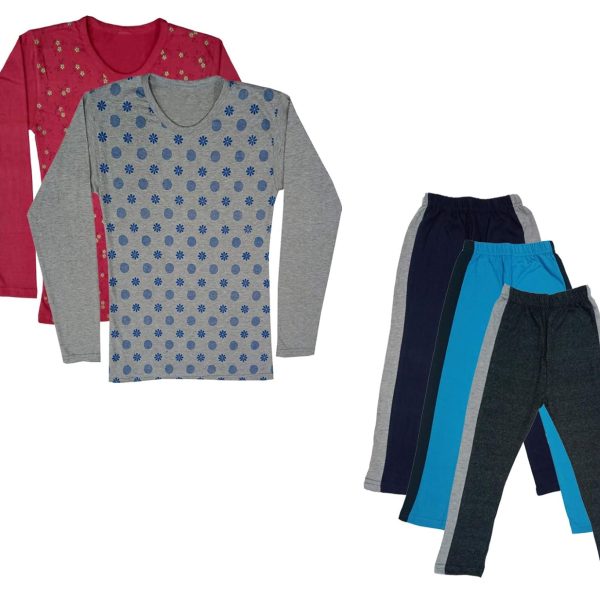 IndiWeaves Girls Cotton Full Sleeve Printed T-Shirts and Cotton Capri 3/4 Pants (Navy Blue,Sky Blue,Dark Grey,Maroon,Grey,9-10 Years) Pack of 5