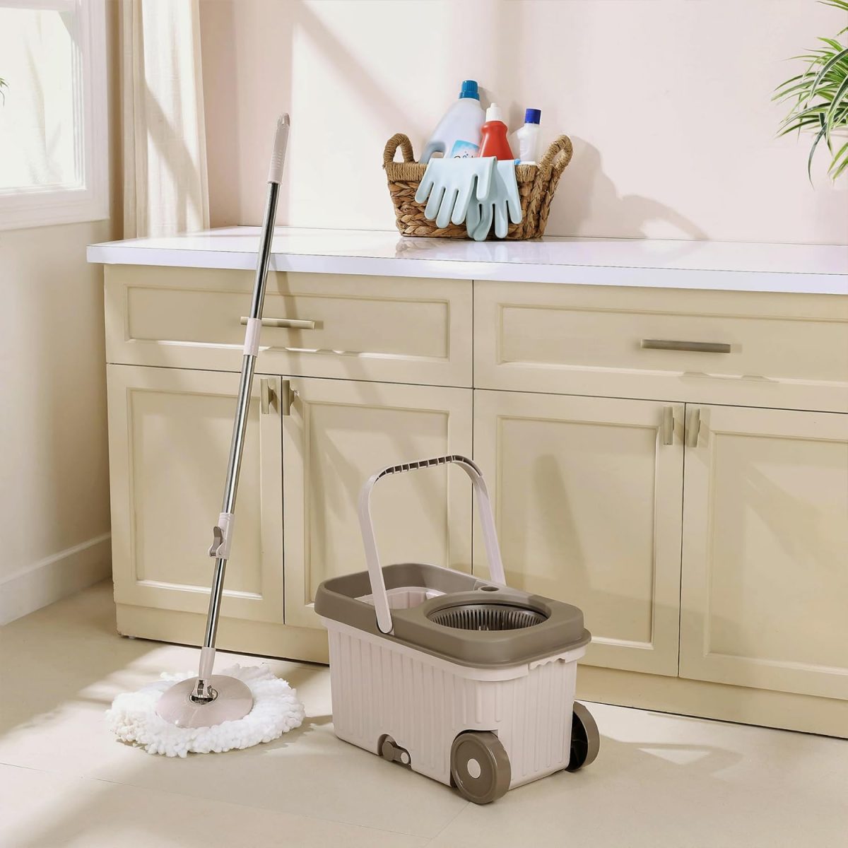 Presto! Plastic Elite Spin Mop with Bigger Wheels and Auto- Fold Handle, Chestnut, 2 Refills - Image 3