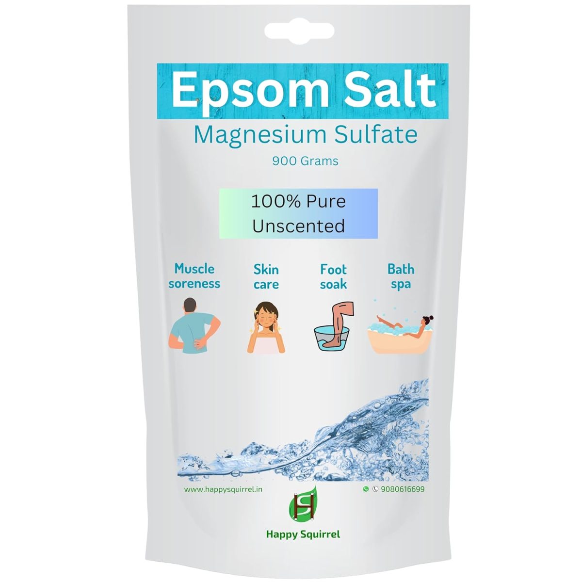 Happy Squirrel Epsom Salt for Foot | 100% Pure Epsom Salt for Bath | Unscented Magnesium Sulphate | Genuine alternate of Magnesium Oil for Feet and Pain Relief (900 Grams)