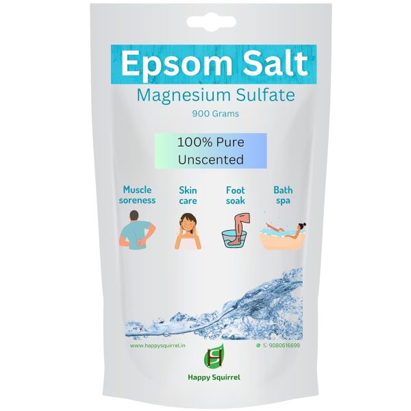 Happy Squirrel Epsom Salt for Foot | 100% Pure Epsom Salt for Bath | Unscented Magnesium Sulphate | Genuine alternate of Magnesium Oil for Feet and Pain Relief (900 Grams)
