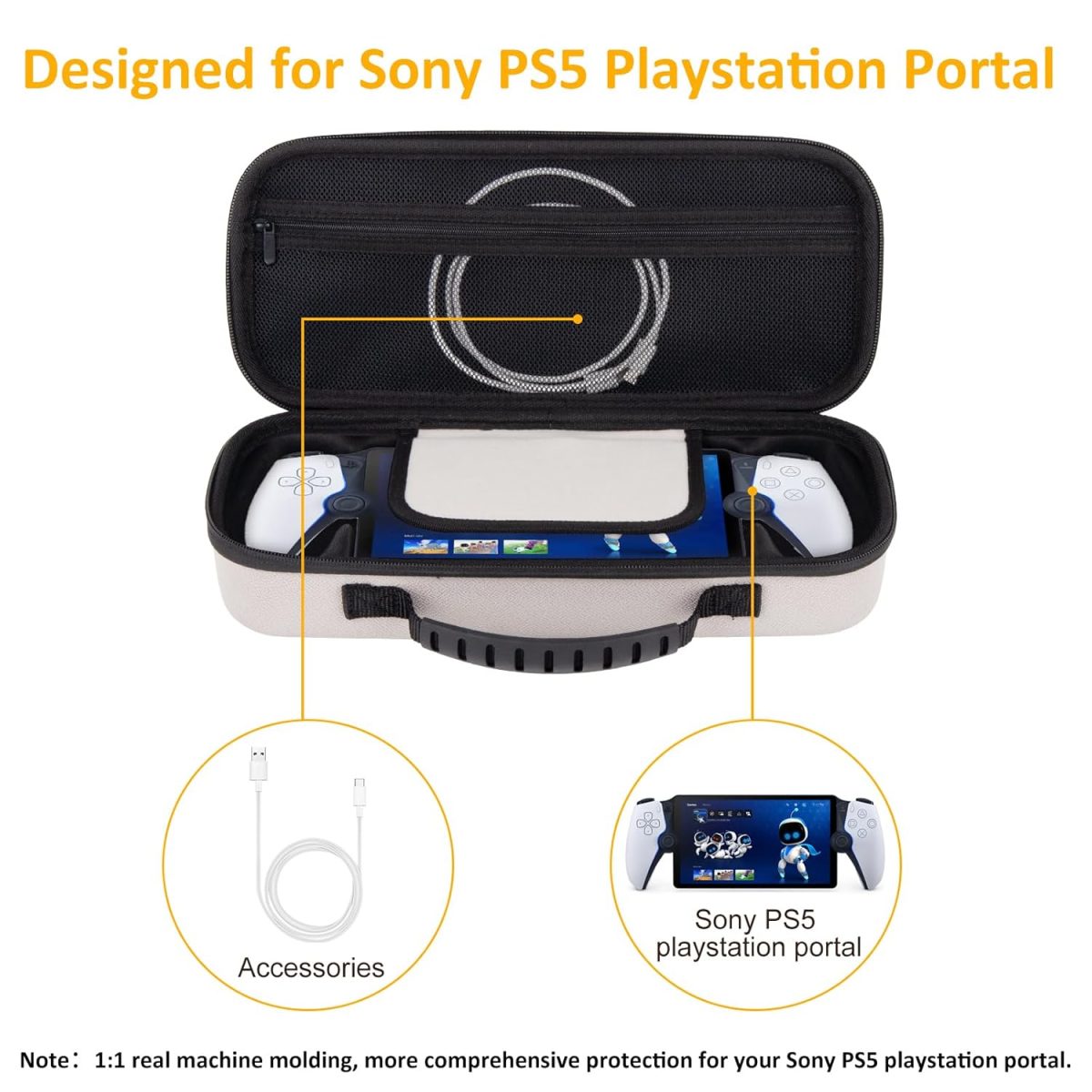 wonlince Hard Carrying Case for Sony PS5 Playstation Portal，Scratch-resistant portable organizer with mesh pocket，Stylish design for traveling，Off White - Image 3