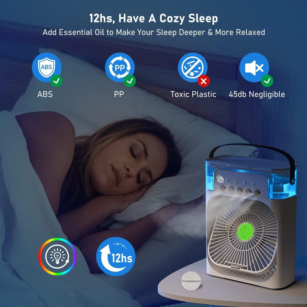 Portable Mini Cooler Fan for Room Cooling,Mini cooler ac portable air conditioners with 7 Colors LED Light, 1/2/3 H Timer, 3 Wind Speeds and 3 Spray Modes for Office, Home, Dorm, Travel - Image 3