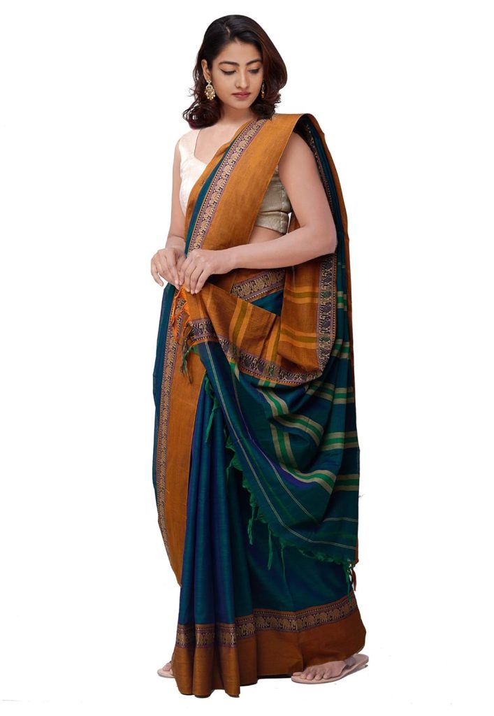 UNNATI SILKS Women Pure Handloom Narayanpet Cotton Saree with blouse piece and Tassels from the Weavers of Andhra Pradesh(UNM33751+Green+free size)
