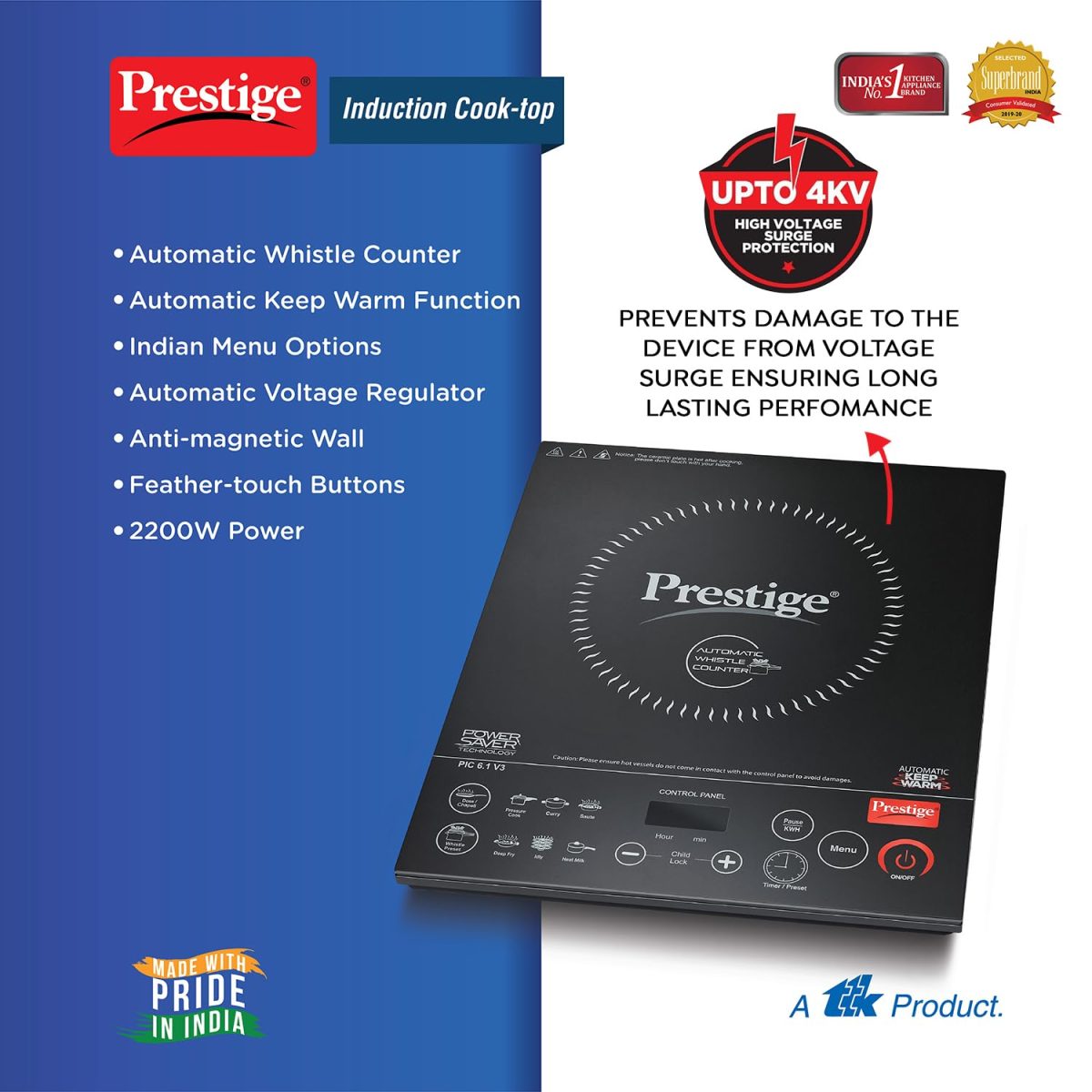 Prestige PIC 6.1 V3 PIC 2200 Watts Induction Cooktop |High Voltage Surge Protection| Automatic Whistle Counter | Feather Touch Buttons | Keep Warm Function |Dual Heat Sensor| Black - Image 2