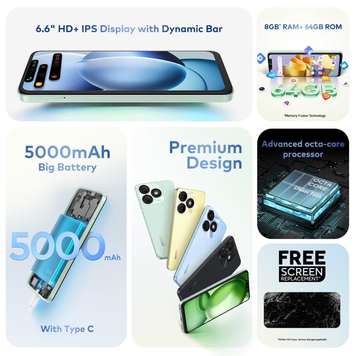 itel A50|6.6" HD+ Display with Dynamic Bar| 3GB RAM +64GB ROM, Upto 8GB RAM with Memory Fusion|Octacore Processor|8MP AI Dual Rear Cam|5000 mAh Battery | Lime Green - Image 3