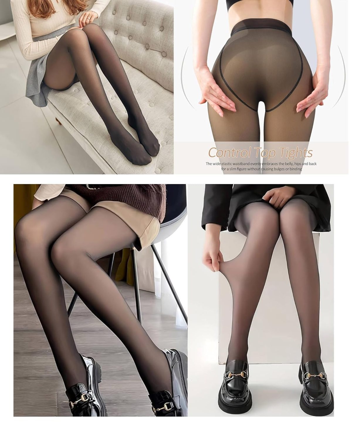HSR Fleece Lined Tights Women Velvet Touch Leggings Thermal Fake Translucent Opaque High Waisted Winter Warm Dual-Tone Tight Free Size (Waist Size 24 inch to 34 inch) - Image 3