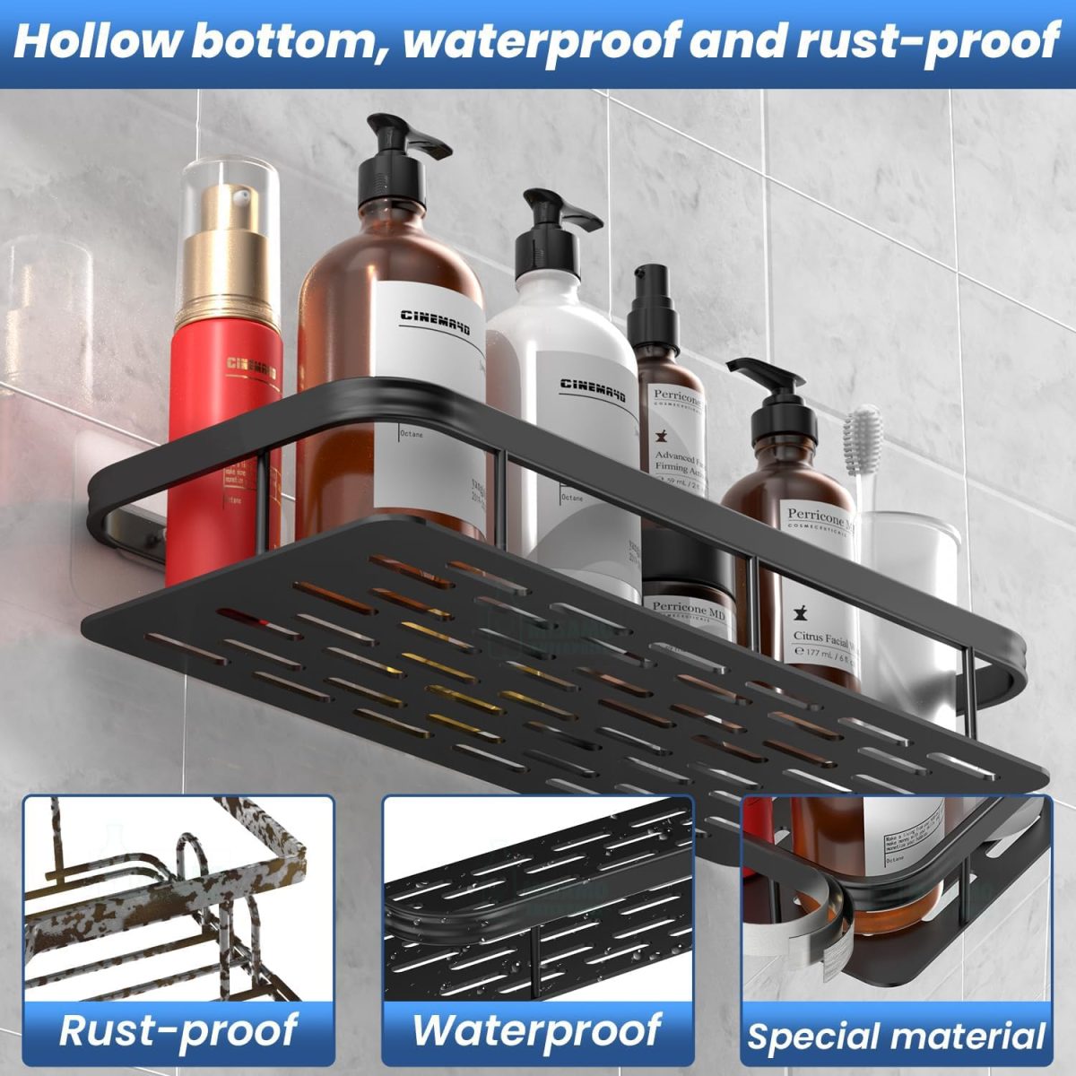 Misamo Enterprise Bathroom Wall Shelf Organiser, Adhesive Mount Storage Rack with Installation Kit (Shelf-Black, Pack of 2) - Image 8