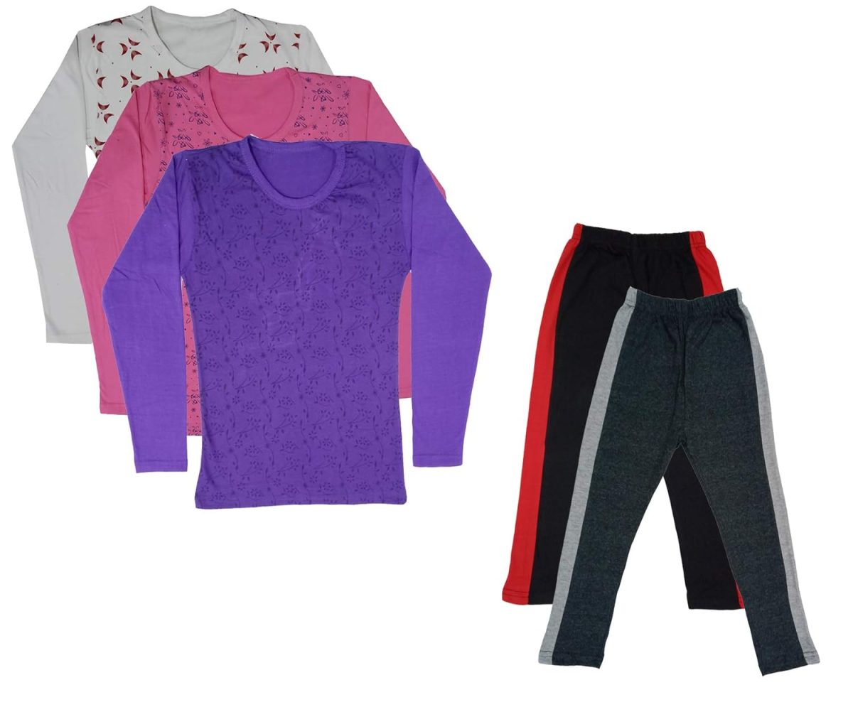IndiWeaves Girls Cotton Full Sleeve Printed T-Shirts and Cotton Capri 3/4 Pants (Black,Dark Grey,White,Pink,Purple,15-16 Years) Pack of 5