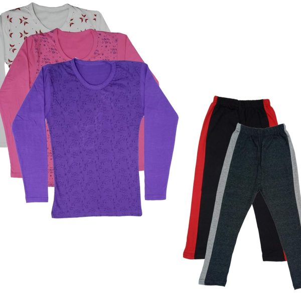 IndiWeaves Girls Cotton Full Sleeve Printed T-Shirts and Cotton Capri 3/4 Pants (Black,Dark Grey,White,Pink,Purple,15-16 Years) Pack of 5