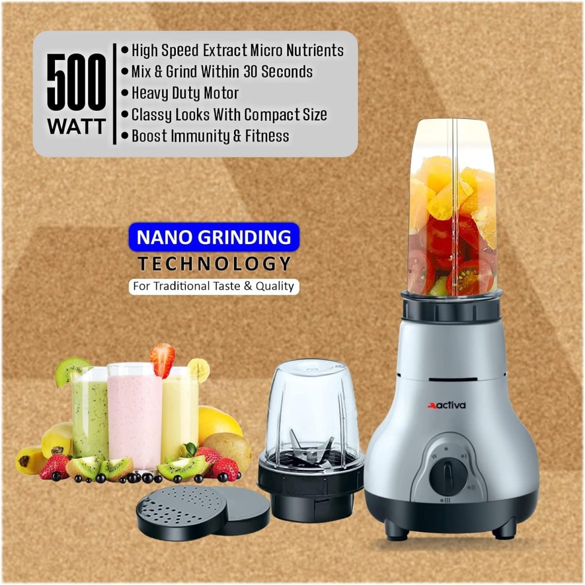 ACTIVA Easy Mix Nutri 2 Jar Mixer Grinder for Smoothies, Chutney & Shakes, Long Lasting Shock Proof Abs Body, Powerful 500 Watt Heavy Duty Motor With Nano Grinding Technology, 2 Years warranty-Black - Image 3