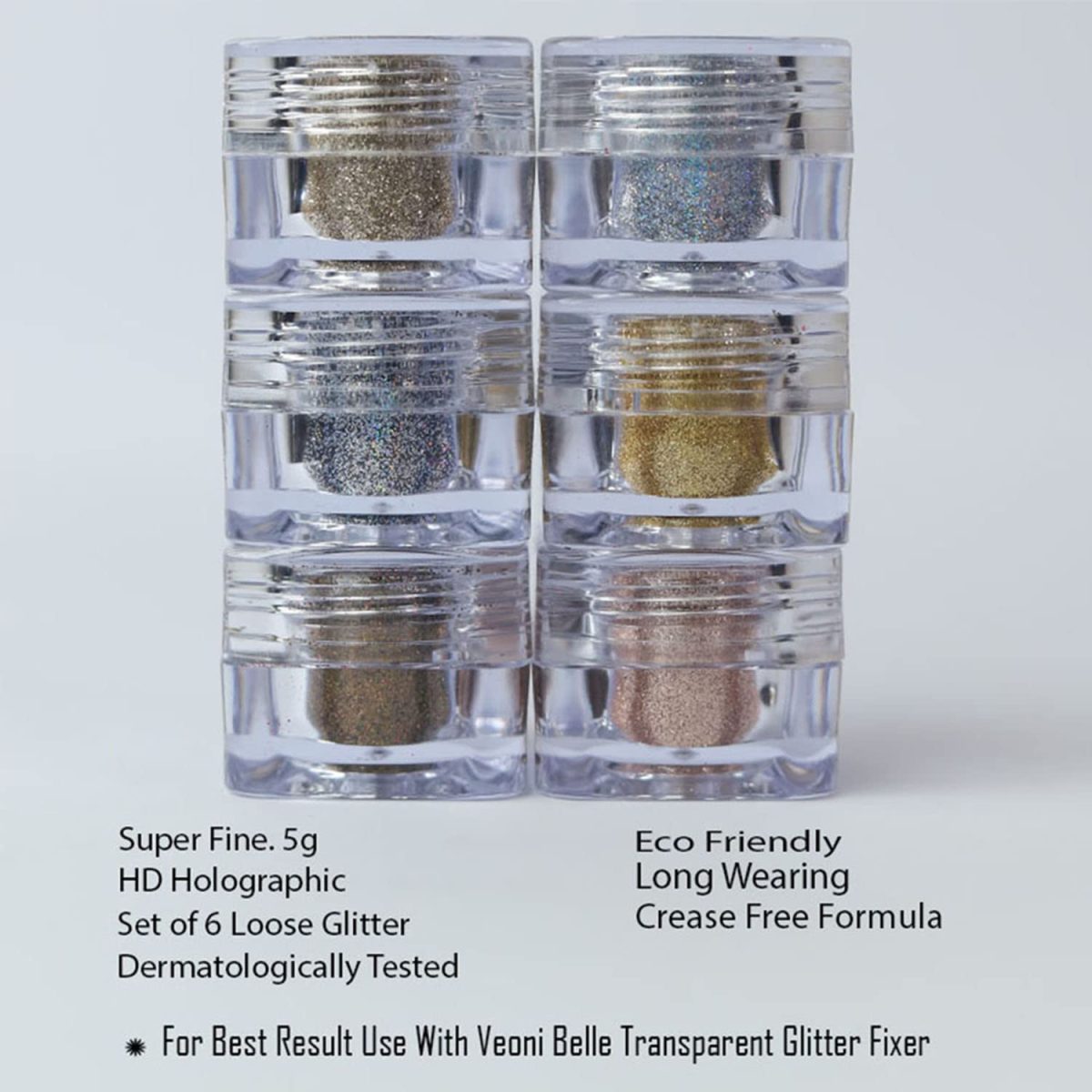 Loose, Highly Pigmented Holographic Glitter HD Eye Pigment - Long Lasting, Easy to Blend. Metallic Glitter Set of 6 - Light Shade - Image 2