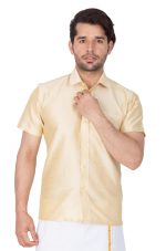 VASTRAMAY Men's Silk Blend Ethnic Shirt - Half Sleeves, South Indian Traditional Shirt for Weddings, Festivals, & Casual Wear