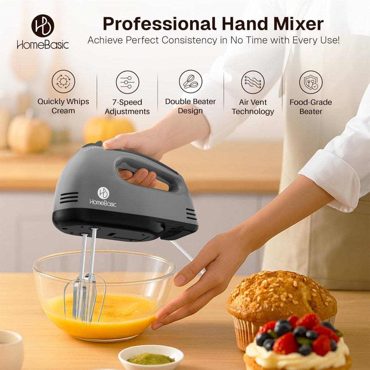 HOMEBASIC Hand Mixer for Cake Baking 260W | Electric Hand Beater with 7 Speed Control, Dough Hook & Beaters | Mixing, Whipping, Kneading, Egg Whisker Blender for Kitchen | Food Grade Stainless Steel - Image 2