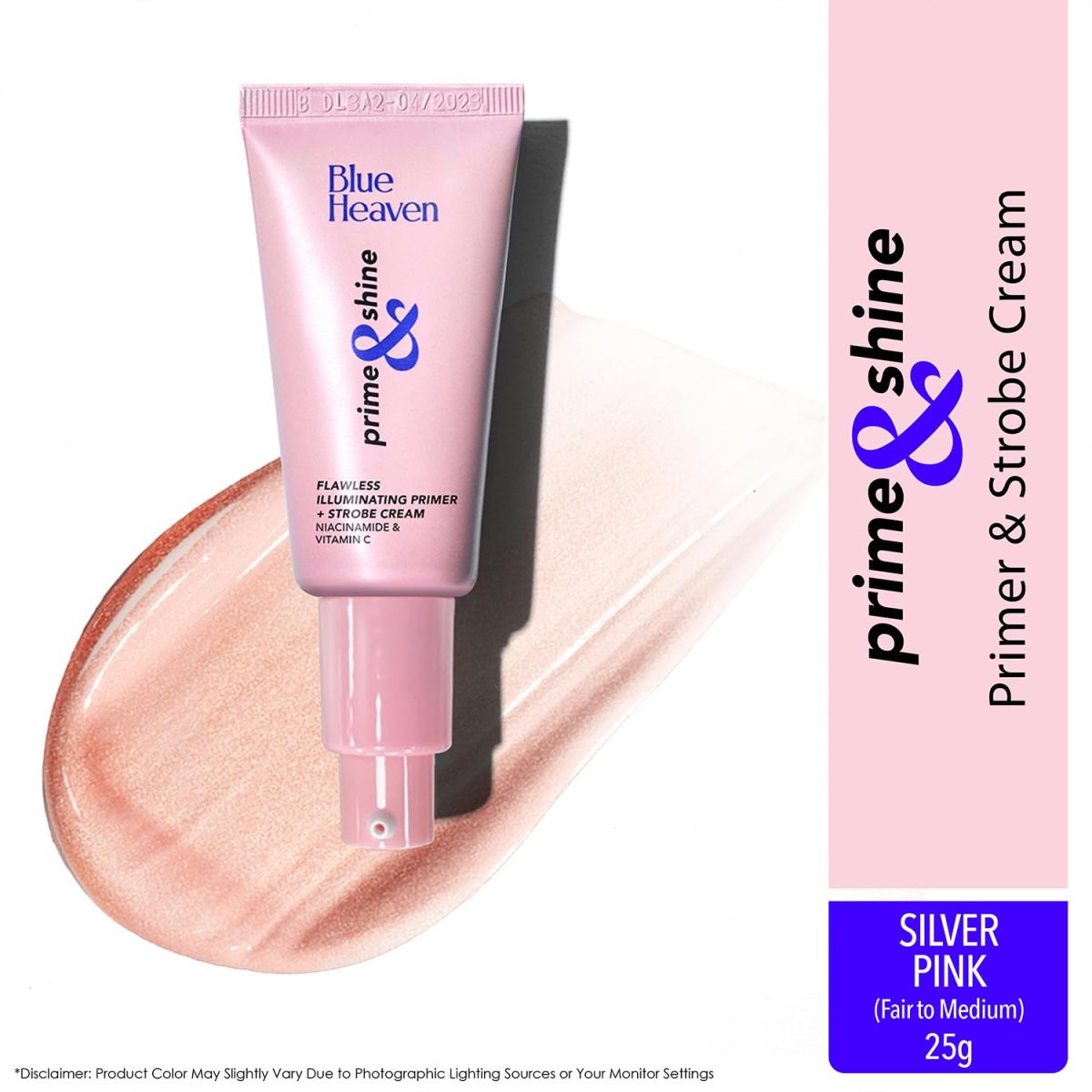 Blue Heaven Prime & Shine Flawless Illuminating Primer + Strobe Cream | Primer + Highlighter + Moisturiser |Infused with Vitamin C and Niacinamide for naturally glowing skin, Silver Pink, 25g - Image 2