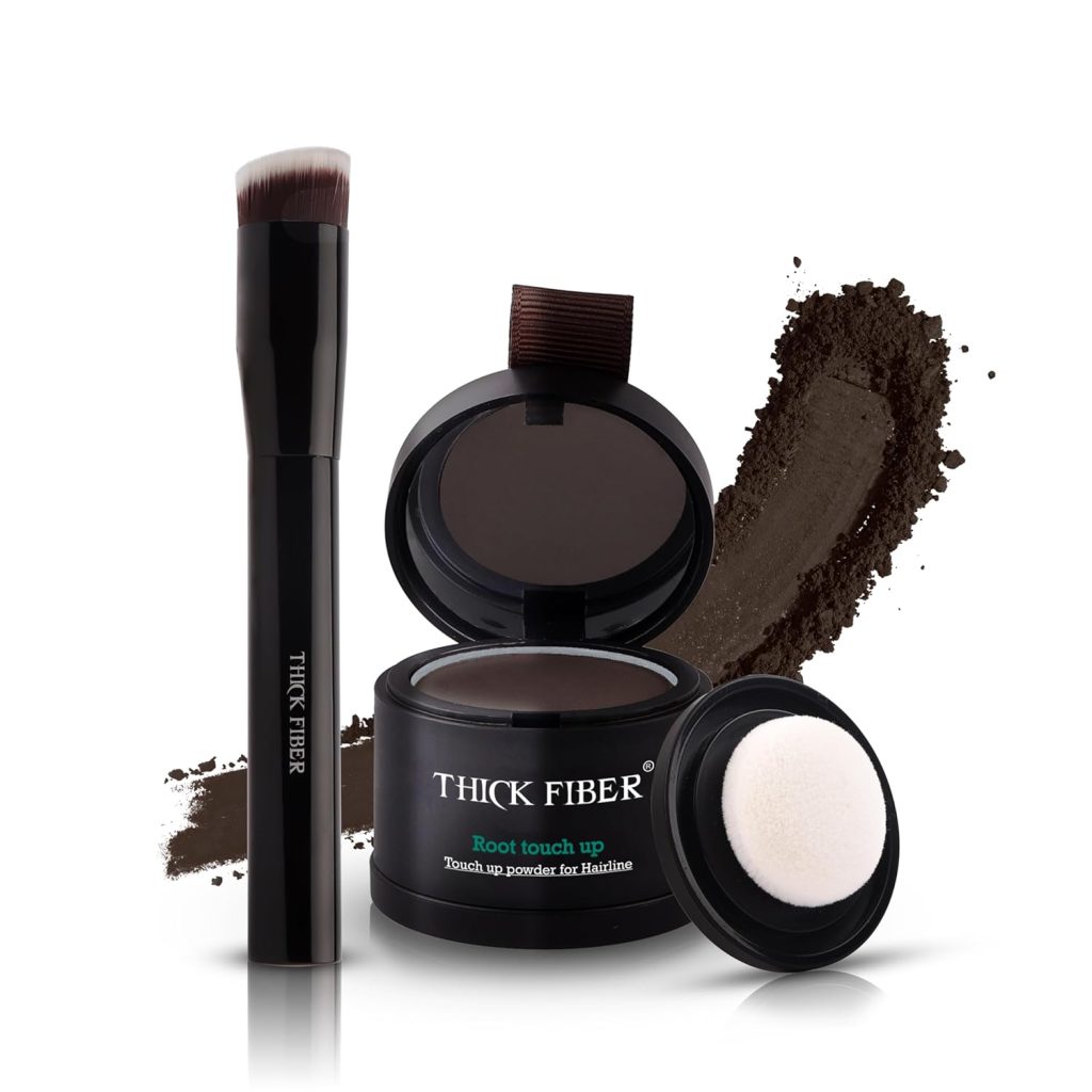 THICK FIBER Root Touch Up & Hairline Powder with Precise Brush for Grey Root Coverage & Thin Hair (Dark Brown, 4g) – Water & Sweat Resistant – Hair Loss Concealer for Women, Bald Spots & Hair Fill-In