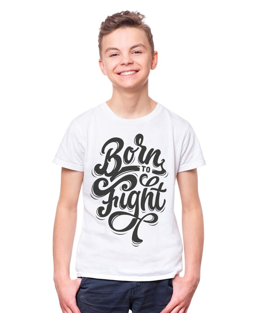 THREADCURRY Born to Fight | Motivational Inspirational Adventure Quote Cotton Graphic Printed Tshirt for Boys White