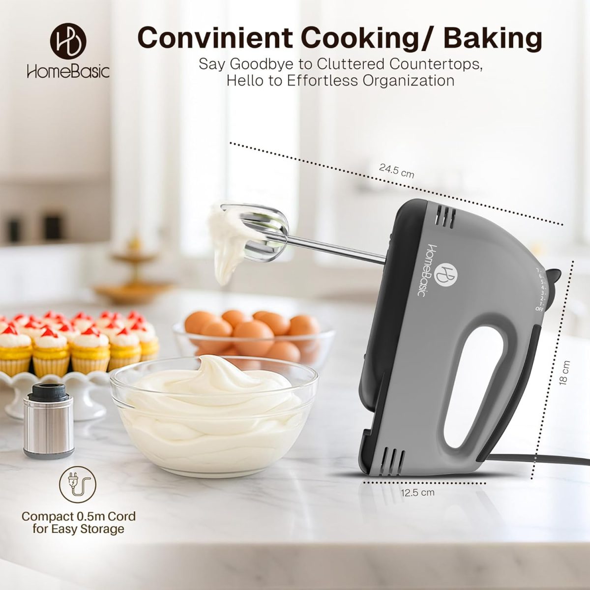 HOMEBASIC Hand Mixer for Cake Baking 260W | Electric Hand Beater with 7 Speed Control, Dough Hook & Beaters | Mixing, Whipping, Kneading, Egg Whisker Blender for Kitchen | Food Grade Stainless Steel - Image 8