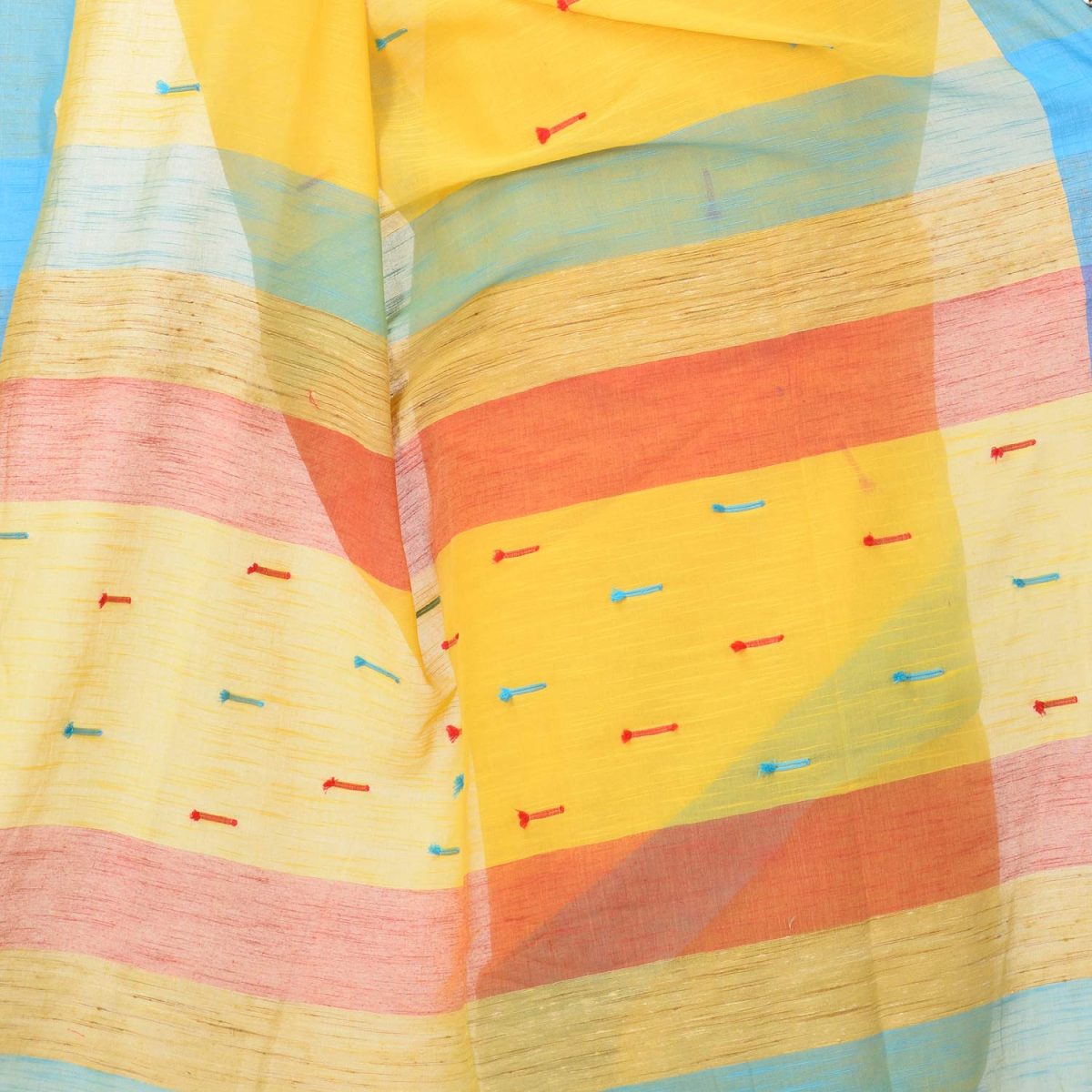 dB DESH BIDESH Women's Tant Cotton Saree With Blouse Piece (DBSARE16022019WOBT1_Yellow, Blue & Red) - Image 4