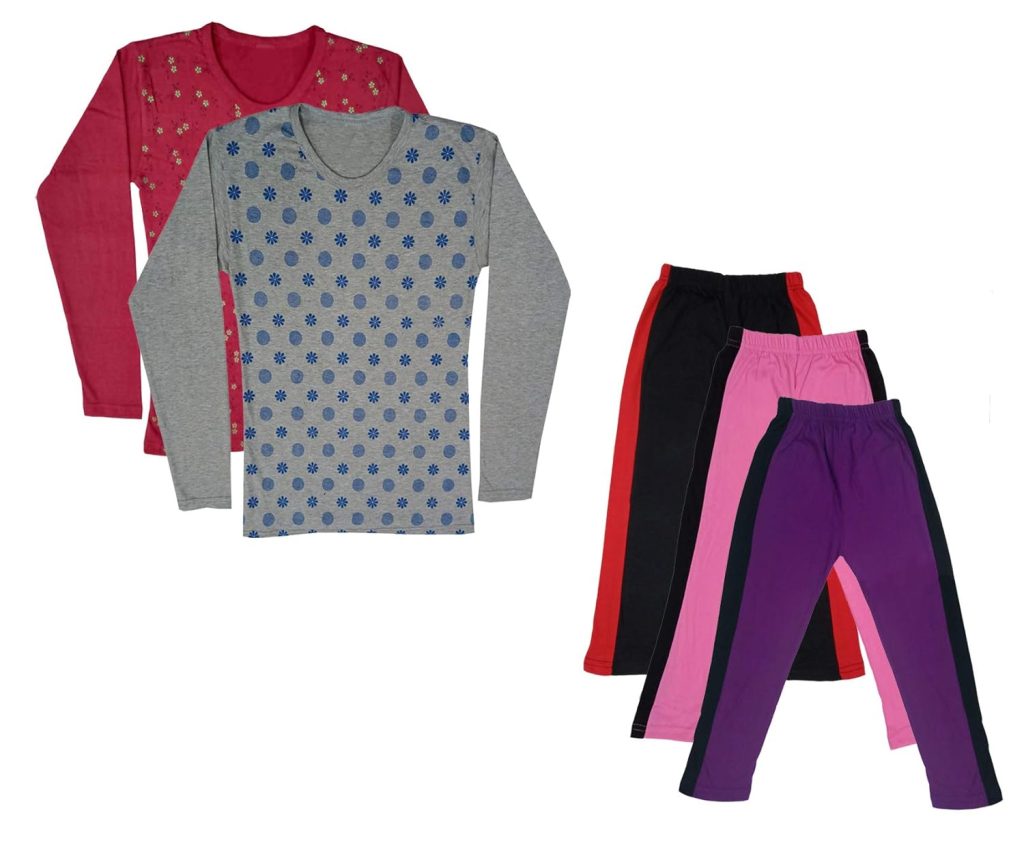 IndiWeaves Girls Cotton Full Sleeve Printed T-Shirts and Cotton Capri 3/4 Pants (Black,Pink,Purple,Maroon,Grey,15-16 Years) Pack of 5